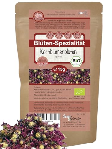 Rote Bio Kornblumenblüten mit Kelch | ganze Blüten | essbare Premium-Qualität | 15g | direct&friendly von direct&friendly