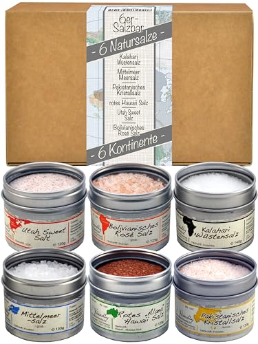 direct&friendly Salz Geschenkset 6-Kontinente Salze 6 Gourmetsalze mit unterschiedlicher Farbe Körnung Aroma und Konsistenz 100% naturrein nicht raffiniert ohne Rieselhilfe aus 6 Kontinenten von direct&friendly
