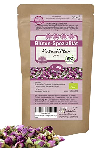 Ganze Bio Rosenblüten | farb- und duftintensiv | Rosa damascena | Rosenknospen für Tee | 20 g | getrocknet | direct&friendly von direct&friendly