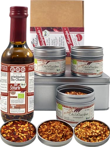 direct&friendly | Geschenkset für Scharfesser | Bio | Chili-Olivenöl extra scharf | Chiliflocken in 3 unterschiedliche Schärfegraden direct&friendly | Geschenkset für Scharfesser | Bio | Chili-Olivenöl extra scharf | Chiliflocken in 3 unterschiedliche Schärfegraden von direct&friendly