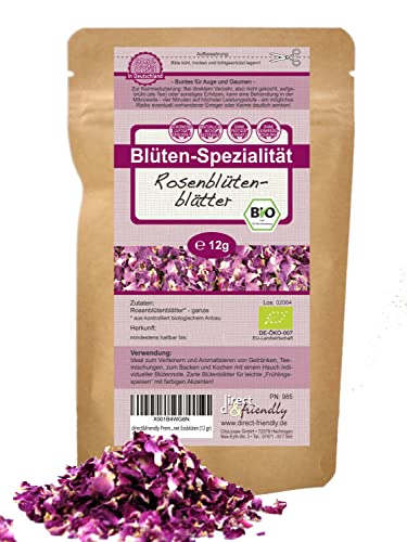 direct&friendly| Premium Bio Rosenblütenblätter | farb- & duft-intensiv | Essbar | Tee | Backen | Wellness | 12g von direct&friendly