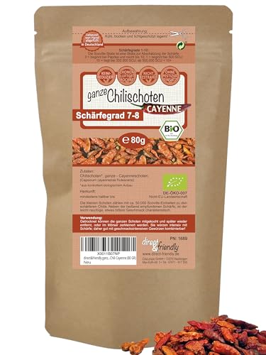 direct&friendly | ganze Bio Chilischoten | Cayenne Chili | scharf Schärfegrad 7-8 | 80g | getrocknet von direct&friendly