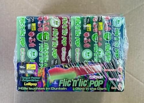 1 Box Flic´n´Lick Glow in the Dark a 24 Lutscher a 14 g Hülle leuchtet im Dunkeln Zungenfärber von LAOSEP
