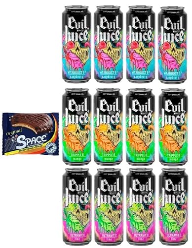 12 Dosen Evil Juice Mix aus 3 Sorten a 0,5 L inkl. EINWEGPFAND 4x Evil Juice Mango/4xEvil Juice Raspberry/ 4x Evil juice Licky Lime + Space Keks gratis a 45 g von doktor