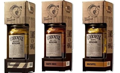 3 Gläser O'Donnell Moonshine Kombi Set aus 3 Sorten mit Ausgießer a 0,7 Liter 20-25% vol. 1x Harte Nuss, 1x Macadamia, 1x Bratapfel + SpaRiegel von ONlineshop Bormann von GREAT BRITISH TRADING LIMITED
