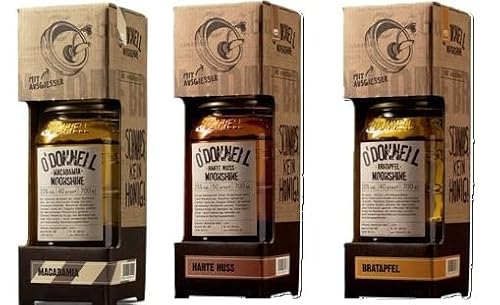 3 Gläser O'Donnell Moonshine Kombi Set aus 3 Sorten mit Ausgießer a 0,7 Liter 20-25% vol. 1x Harte Nuss, 1x Macadamia, 1x Bratapfel von doktor