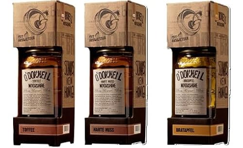 3 Gläser O'Donnell Moonshine Kombi Set aus 3 Sorten mit Ausgießer a 0,7 Liter 20-25% vol. 1x Harte Nuss, 1x Toffee, 1x Bratapfel 3 Gläser O'Donnell Moonshine Kombi Set aus 3 Sorten mit Ausgießer a 0,7 Liter 20-25% vol. 1x Harte Nuss, 1x Toffee, 1x Bratapfel von doktor