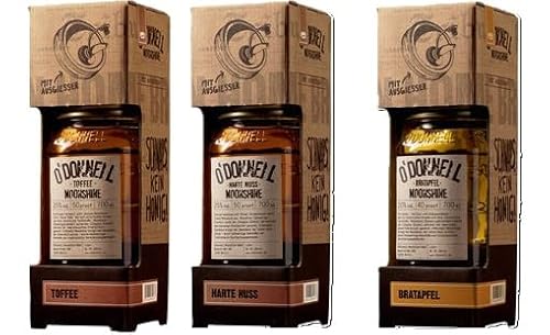 3 Gläser O'Donnell Moonshine Kombi Set aus 3 Sorten mit Ausgießer a 0,7 Liter 20-25% vol. 1x Harte Nuss, 1x Toffee, 1x Bratapfel von doktor