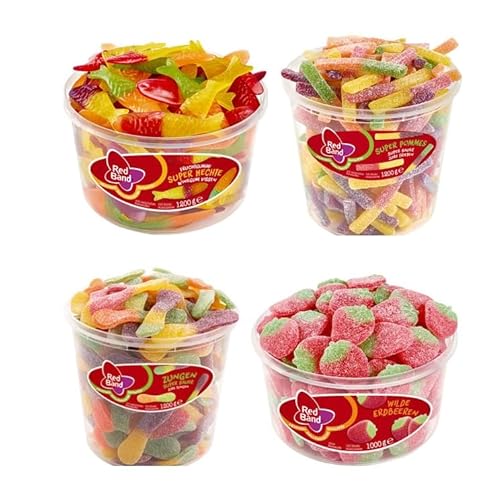 4 Dosen Red Band Mix - 4 Sorten 1x Saure Zungen, 1x Wilde Erdbeeren, 1x Saure Pommes, 1x Fruchtgummi Hechte (3x 1200g, 1x 1000g) von doktor