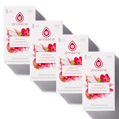 drinkerie® Getränkepulver Zuckerfrei (4er Pack) - 48 x 500ml Trinkgenuss (Hibiskus Granatapfel Drachenfrucht) - Wasser Geschmack ohne Zucker - 100% plastikfrei - Instant Getränkepulver mit Vitamin C von drinkerie
