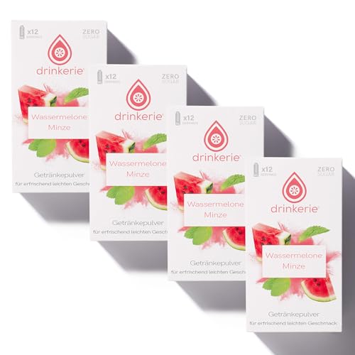 drinkerie® Getränkepulver Zuckerfrei (4er Pack) - 48 x 500ml erfrischender Trinkgenuss (Wassermelone Minze) - Wasser Geschmack ohne Zucker - 100% plastikfrei - Instant Getränkepulver mit Vitamin C von drinkerie