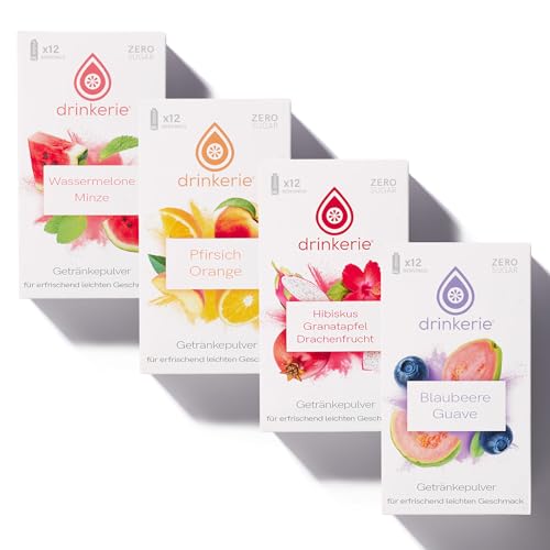 drinkerie® Getränkepulver Zuckerfrei (Mix Paket) - 48 x 500ml erfrischender Genuss in 4 fruchtigen Sorten - Wasser Geschmack ohne Zucker - 100% plastikfrei - Instant Getränkepulver mit Vitamin C von drinkerie