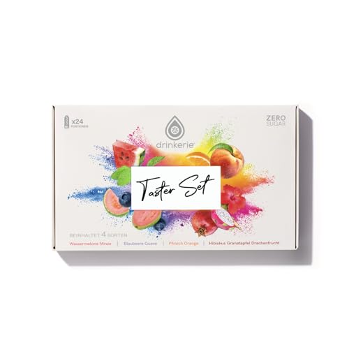 drinkerie® Getränkepulver Probierpaket - 24 x 500ml Trinkgenuss - Geschmack für Wasser in 4 fruchtigen Sorten - 100% plastikfrei, Zuckerfrei, Vegan - Instant Getränkepulver mit Vitamin C von drinkerie