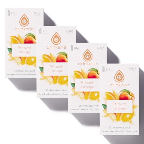 drinkerie® Getränkepulver Zuckerfrei (4er Pack) - 48 x 500ml erfrischender Trinkgenuss (Pfirsich Orange) - Wasser Geschmack ohne Zucker - 100% plastikfrei - Instant Getränkepulver mit Vitamin C von drinkerie