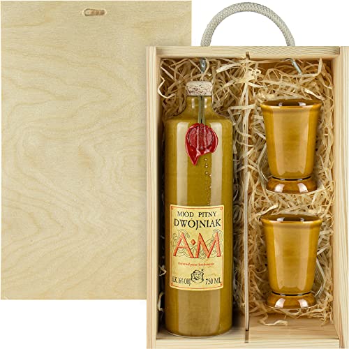 AM Met Dwójniak-Halber (Keramik) Geschenkset in einer leichten Holzbox mit Keramikbechern | 750ml | 16% Alkohol Metwein | Polnische Produktion von eHonigwein.de Premium Quality