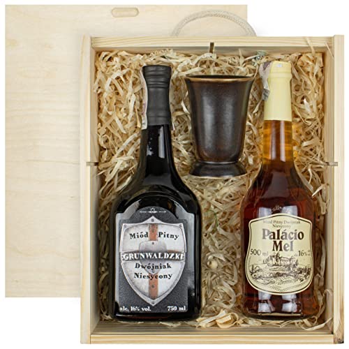 Geschenkset mit 2 Mets und Keramikbecher in Holzbox | Dwójniak- Halber: Grunwaldzki, Palacio Mel| Honigwein 1250ml | 16% Alkohol Metwein | Polnische Produktion von eHonigwein.de Premium Quality