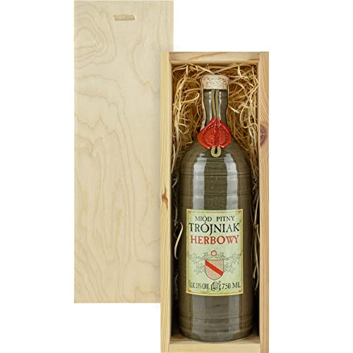 Herbowy Met Trójniak-Einhalber (Keramik) Geschenkset in einer leichten Holzbox | 750ml | 13% Alkohol Metwein | Polnische Produktion von eHonigwein.de Premium Quality