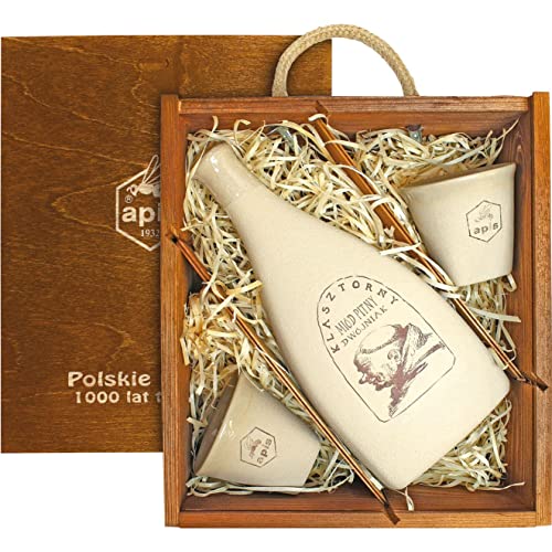 Klasztorny Met Dwójniak-Halber (Keramik) Geschenkset in einer Holzbox mit kleinen Keramikbechern | 500ml | 16% Alkohol Metwein | Polnische Produktion von eHonigwein.de Premium Quality