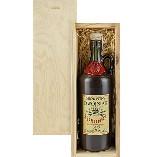 Koronny Met Dwójniak-Halber (Keramik) Geschenkset in einer leichten Holzbox | 750ml | 16% Alkohol Metwein | Polnische Produktion von eHonigwein.de Premium Quality
