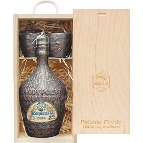 Kurpiowski Met Dwójniak-Halber (Keramik) Geschenkset in einer leichten Holzbox | 500ml | 16% Alkohol Metwein | Polnische Produktion von eHonigwein.de Premium Quality