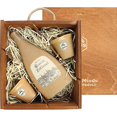 Lubelski Met Półtorak-Einhalber (Keramik angoba) Geschenkset in einer Holzbox mit kleinen Keramikbechern | 500ml | 16% Alkohol Metwein | Polnische Produktion von eHonigwein.de Premium Quality