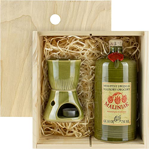 Met Dwójniak Maliniak-Halber (Keramik) Himbeere Geschenkset in einer leichten Holzbox mit Keramikwärmer | 750ml | 16% Alkohol Metwein | Polnische Produktion von eHonigwein.de Premium Quality
