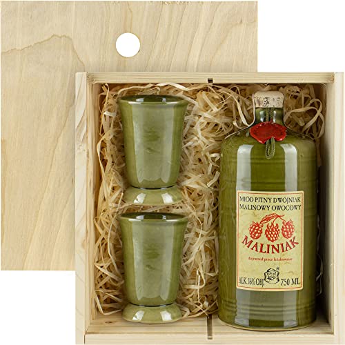 Met Dwójniak Maliniak-Halber Himbeere (Keramik) Geschenkset in einer leichten Holzbox | 750ml | 16% Alkohol Metwein | Polnische Produktion von eHonigwein.de Premium Quality