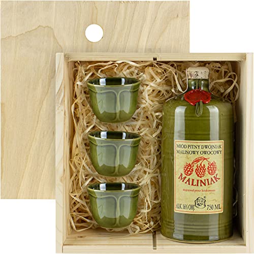 Met Dwójniak Maliniak-Halber Himbeere (Keramik) Geschenkset in einer leichten Holzbox mit 3 kleinen Keramikbechern | 750ml | 16% Alkohol Metwein | Polnische Produktion von eHonigwein.de Premium Quality