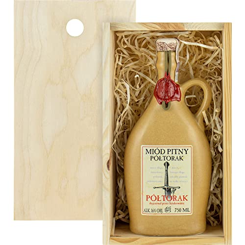 Met Półtorak-Einhalber (Keramik) Geschenkset in einer leichten Holzbox | 750ml | 16% Alkohol Metwein | Polnische Produktion von eHonigwein.de Premium Quality