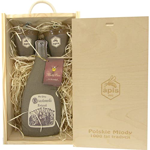 Piastowski Met Trójniak-Drittel (Keramik) Geschenkset in einer Holzbox mit kleinen Keramikbechern | 500ml | 13% Alkohol Metwein | Polnische Produktion von eHonigwein.de Premium Quality