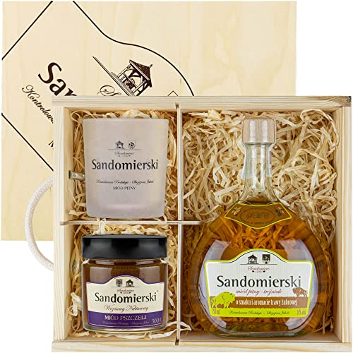 Sandomierski Bisongras Met Trójniak-Drittel Geschenkset in einer Holzbox mit Becher und Heidehonig | 750ml | 14% Alkohol Metwein | Polnische Produktion von eHonigwein.de Premium Quality