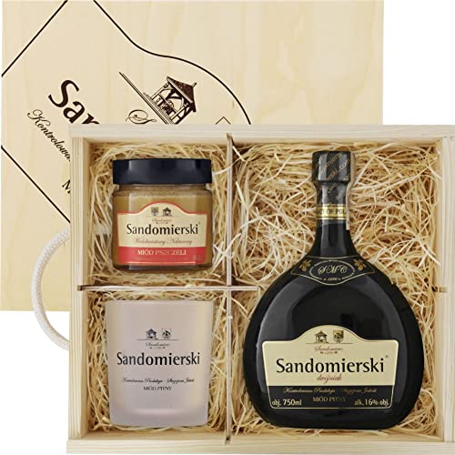 Sandomierski Met Dwójniak-Halber Geschenkset in Holzbox mit Becher und Mehrblütenhonig | Honigwein 750ml | 16% Alkohol Metwein | Polnische Produktion von eHonigwein.de Premium Quality