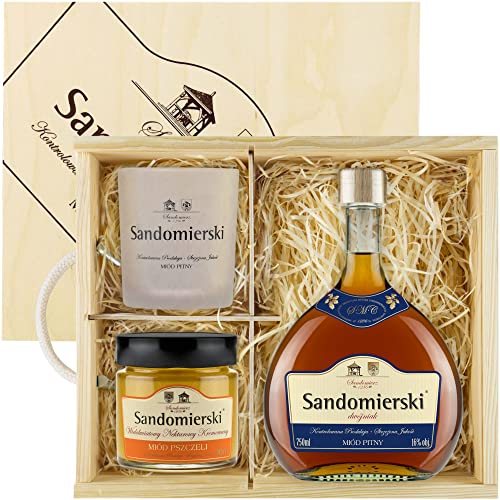 Sandomierski Met Dwójniak-Halber Geschenkset in einer Holzbox mit Becher und cremiggerührter Mehrblütenhonig | 750ml | 16% Alkohol Metwein | Polnische Produktion von eHonigwein.de Premium Quality