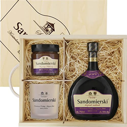 Sandomierski Met Dwójniak Maliniak-Halber Himbeere Geschenkset in Holzbox mit Becher und Heidehonig | Honigwein 750ml | 16% Alkohol Metwein | Polnische Produktion von eHonigwein.de Premium Quality