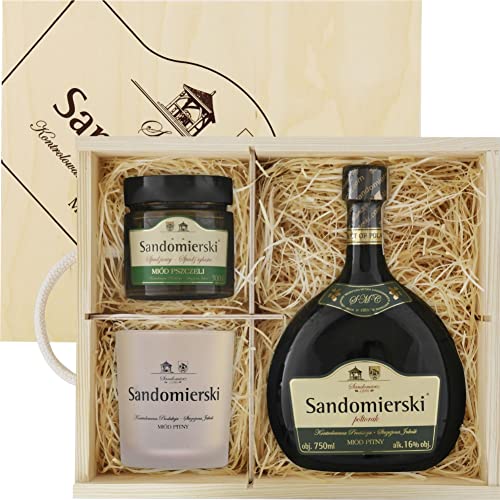 Sandomierski Met Półtorak-Einhalber Geschenkset in Holzbox mit Becher und Honigtauhonig | Honigwein 750ml | 16% Alkohol Metwein | Polnische Produktion von eHonigwein.de Premium Quality