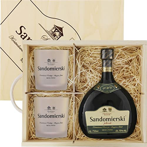 Sandomierski Met Półtorak-Einhalber Geschenkset in einer Holzbox mit zwei Bechern | Honigwein 750ml | 16% Alkohol Metwein | Polnische Produktion von eHonigwein.de Premium Quality