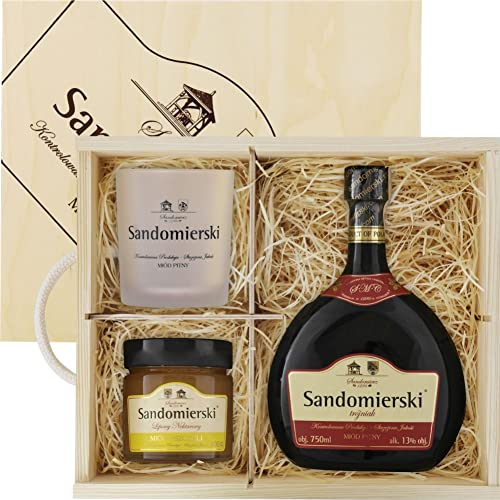 Sandomierski Met Trójniak-Drittel Geschenkset in Holzbox mit Becher und Lindenhonig | Honigwein 750ml | 13% Alkohol Metwein | Polnische Produktion von eHonigwein.de Premium Quality