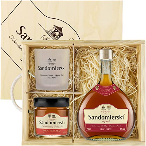 Sandomierski Met Trójniak-Drittel Geschenkset in einer Holzbox mit Becher und Mehrblütenhonig | 750ml | 13% Alkohol Metwein | Polnische Produktion von eHonigwein.de Premium Quality