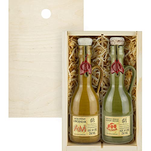 Set mit 2 Jaros Mets (Honigwein AM Dwójniak-Halber/Dwójniak Maliniak-Halber Himbeere) Geschenkset in einer leichten Holzbox | 500ml | 16% Alkohol Metwein | Polnische Produktion von eHonigwein.de Premium Quality