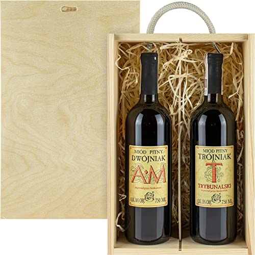 Set mit 2 Jaros Mets (Honigwein AM Dwójniak-Halber/Trybunalski Trójniak-Einhalber) Geschenkset in einer leichten Holzbox | 1500ml | 13-16% Alkohol Metwein | Polnische Produktion von eHonigwein.de Premium Quality