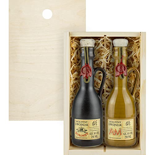 Set mit 2 Jaros Mets (Honigwein Koronny Dwójniak-Halber/AM Dwójniak-Halber) Geschenkset in einer leichten Holzbox | 500ml | 16% Alkohol Metwein | Polnische Produktion von eHonigwein.de Premium Quality