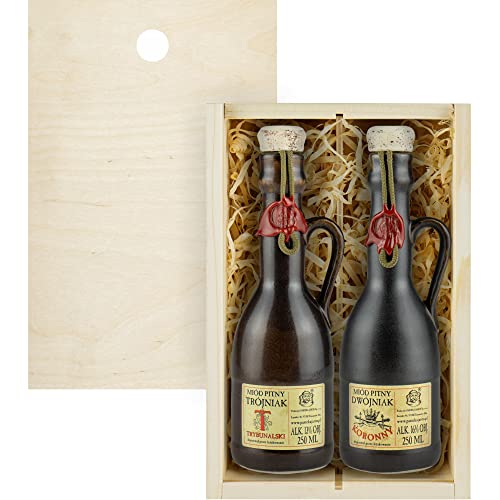 Set mit 2 Jaros Mets (Honigwein Koronny Dwójniak-Halber/Trybunalski Trójniak-Einhalber) Geschenkset in einer leichten Holzbox | 500ml | 13-16% Alkohol Metwein | Polnische Produktion von eHonigwein.de Premium Quality