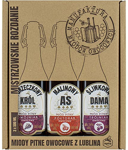 Set mit 3 Craft Honigfruchtweine |Geschenkset im Karton|Met Malinowy As Półtorak-Halber, Porzeczkowy Król Dwójniak-Halber, Śliwkowa Dama Trójniak-Drittel| | 1500ml | 14-16% Alkohol Metwein Set mit 3 Craft Honigfruchtweine |Geschenkset im Karton|Met Malinowy As Półtorak-Halber, Porzeczkowy Król Dwójniak-Halber, Śliwkowa Dama Trójniak-Drittel| | 1500ml | 14-16% Alkohol Metwein von eHonigwein.de Premium Quality