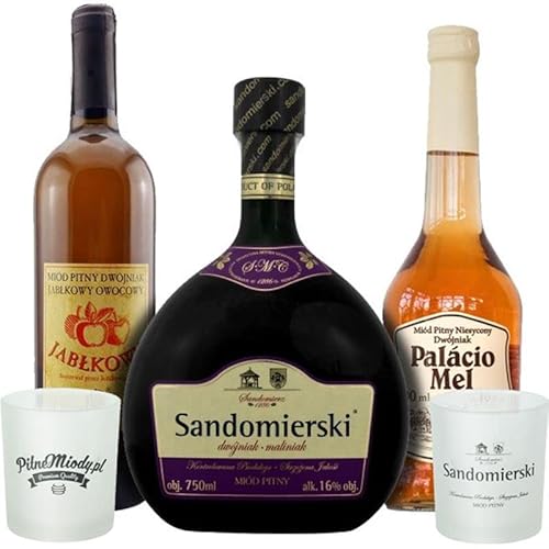 Set mit 3 Dwójniak-Halber Mets mit 2 Bechern|2x Himbeere: Sandomierski, Palacio Mel, 1x Apfel: Jabłkowy| | 2000ml | 16% Alkohol Metwein | Polnische Produktion von eHonigwein.de Premium Quality