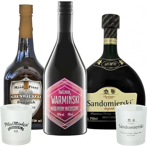 Set mit 3 Dwójniak-Halber Mets mit 2 Bechern |Grunwaldzki, Warmiński, Sandomierski| | 2200ml | 16% Alkohol Metwein | Polnische Produktion von eHonigwein.de Premium Quality