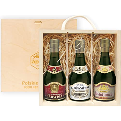 Set mit 3 Mets |Honigwein Jadwiga Półtaorak-Einhalber, Kurpiowski Dwójniak-Halber, Piastowski Trójniak-Drittel| Geschenkset in einer leichten Holzbox | 750ml | 13-16% Alkohol Metwein Set mit 3 Mets |Honigwein Jadwiga Półtaorak-Einhalber, Kurpiowski Dwójniak-Halber, Piastowski Trójniak-Drittel| Geschenkset in einer leichten Holzbox | 750ml | 13-16% Alkohol Metwein von eHonigwein.de Premium Quality