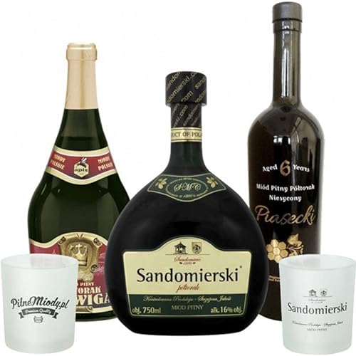 Set mit 3 Półtorak-Eineinhalber Mets mit 2 Bechern |Piasecki, Jadwiga, Sandomierski| | 2250ml | 16% Alkohol Metwein | Polnische Produktion von eHonigwein.de Premium Quality