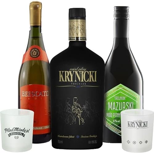 Set mit 3 Trójniak-Drittel Mets mit 2 Bechern|Beescato, Krynicki, Mazurski| | 2200ml | 13% Alkohol Metwein | Polnische Produktion von eHonigwein.de Premium Quality
