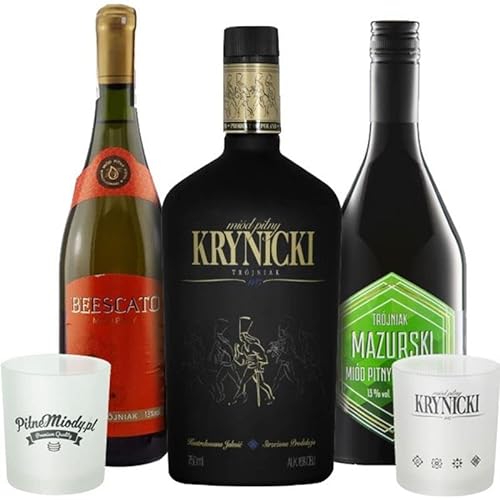 Set mit 3 Trójniak-Drittel Mets mit 2 Bechern|Beescato, Krynicki, Mazurski| | 2200ml | 13% Alkohol Metwein | Polnische Produktion von eHonigwein.de Premium Quality