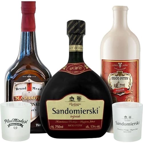 Set mit 3 Trójniak-Drittel Mets mit 2 Bechern|Markowy Rycerski, Sandomierski, Kasztelański| | 2250ml | 13% Alkohol Metwein | Polnische Produktion von eHonigwein.de Premium Quality